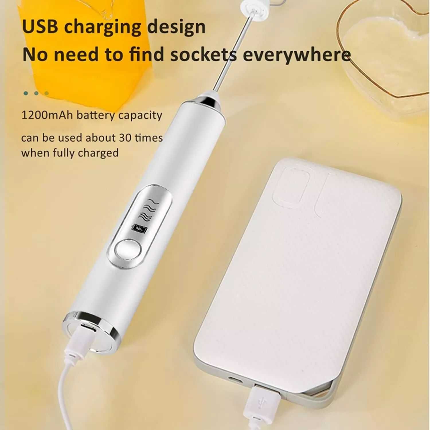 Elektryczny, ręczny spieniacz do mleka z podwójną trzepaczką, USB