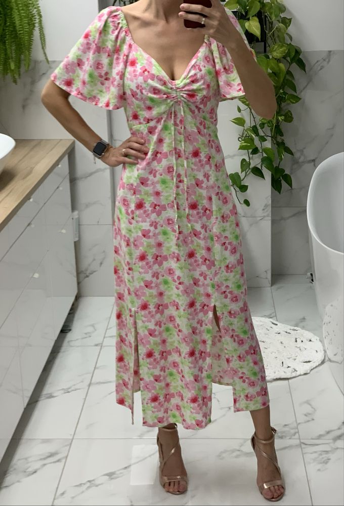 Sukienka maxi midi kolorowa w kwiaty wiskoza len na lato upaly 38 40