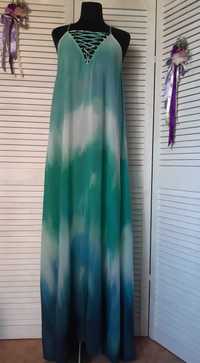 Длинное платье сарафан с переплётом шнуровкой морская волна h&m