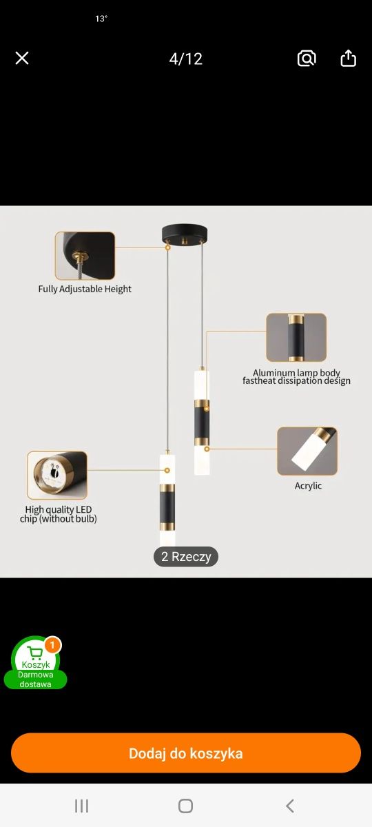 Nowoczesna lampa LED wisząca 2 świetlna czano-zlota