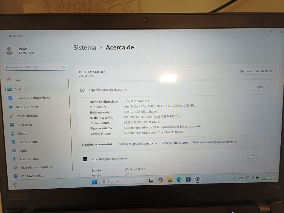 Lenovo T14 G1 Thinkpad 10th gen Tatil teclado  PRT