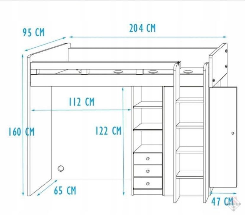 Łóżko piętrowe z biurkiem i szafą ze śladami użytkowania