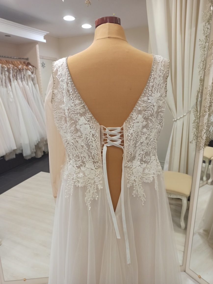 Suknia ślubna plus size 48 50 52 NOWA brokatowy ivory beż długi rękaw