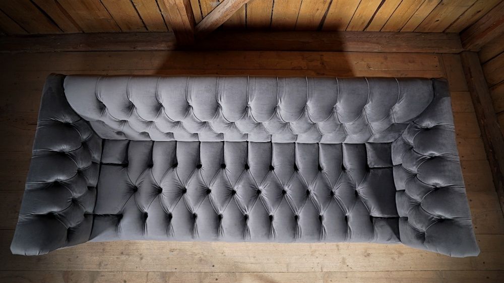 Sofa Kanapa Na Wymiar Chesterfield + Pufa Popiel Szara Retro PRL Loft