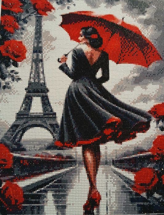 Mulher em Paris Sob o Guarda-Chuva Vermelho [Pronta]