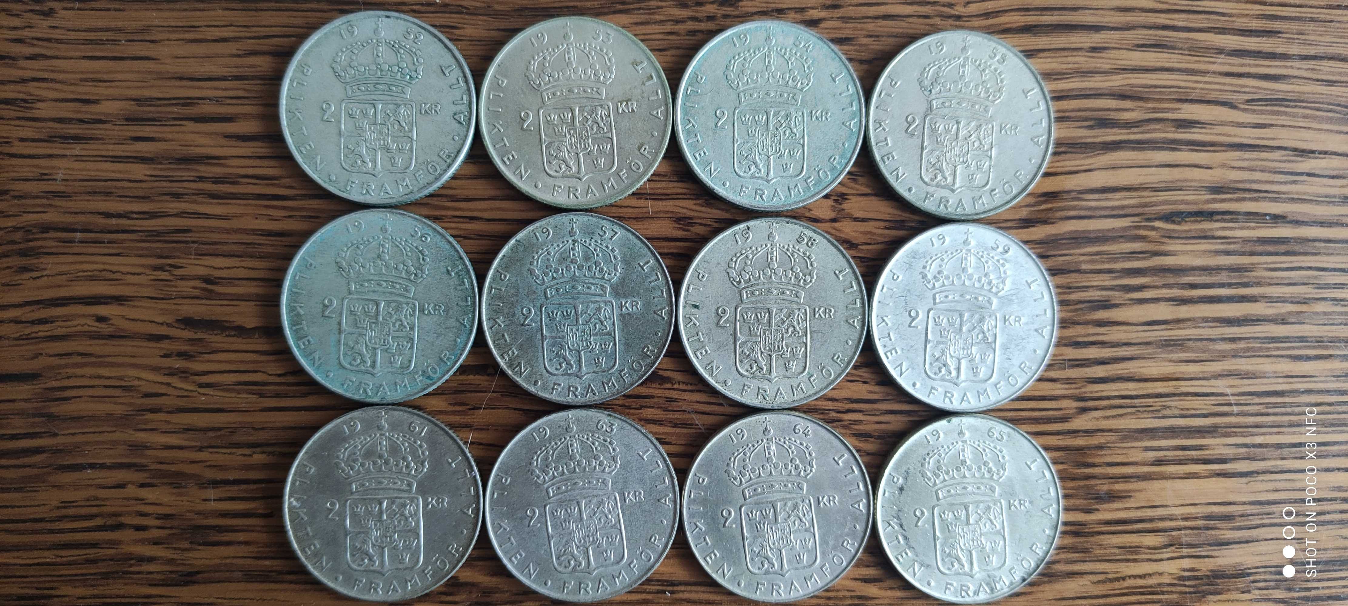 Monety srebrne zestaw 12 sztuk Szwecja 2 korony 1952-66