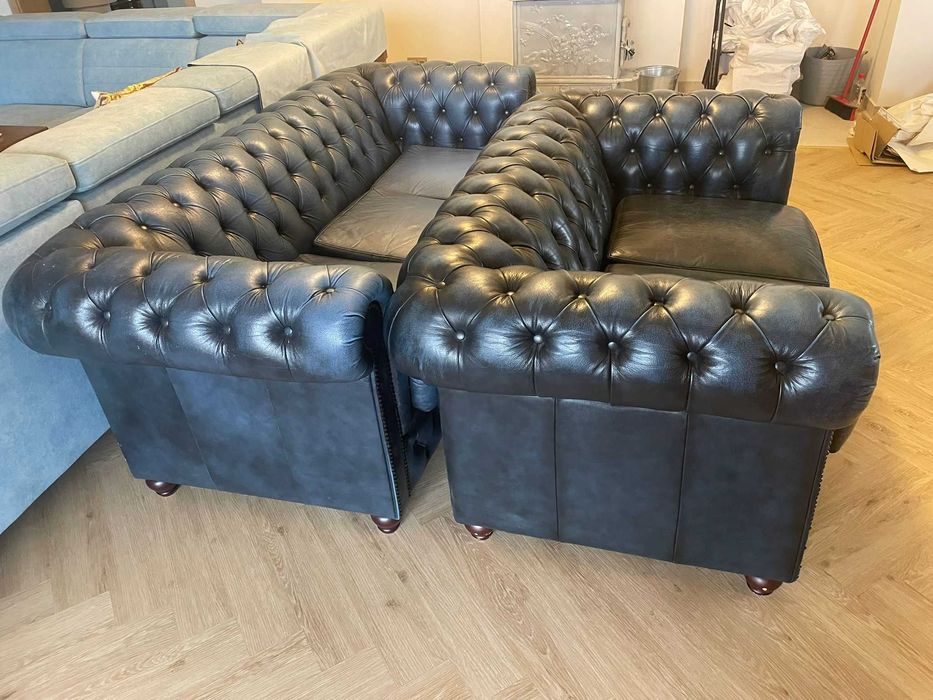 Sofa chesterfield skóra 3-os niebieska