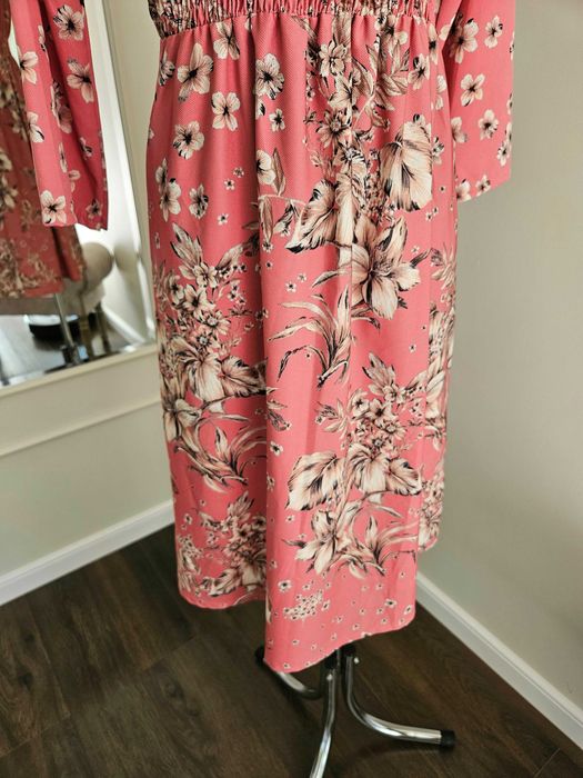 Sukienka midi różowa beżowe kwiaty L XL