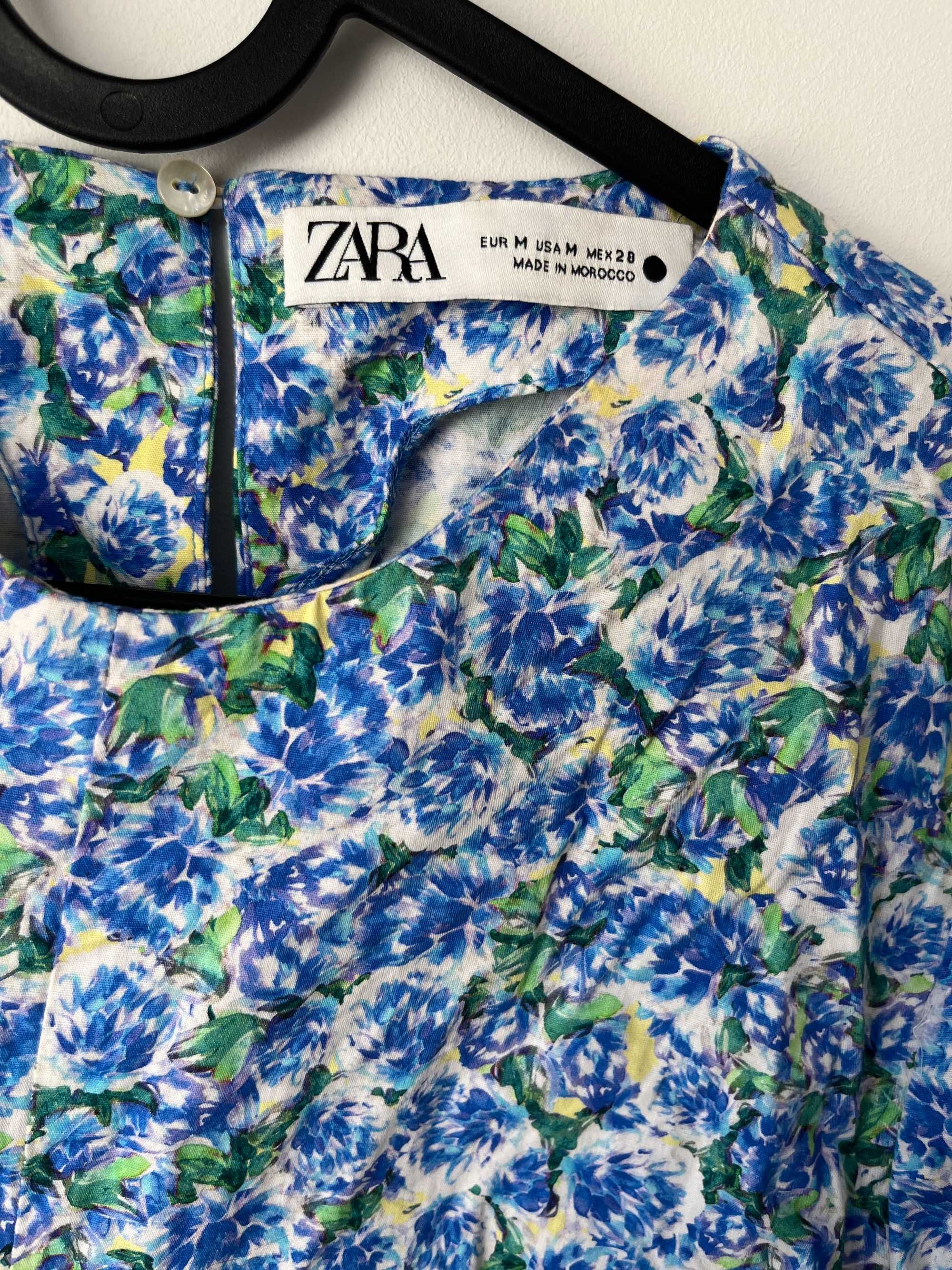 Niebieska Bluzka ZARA w Kwiaty Rozmiar M Bawełna lato old money casual