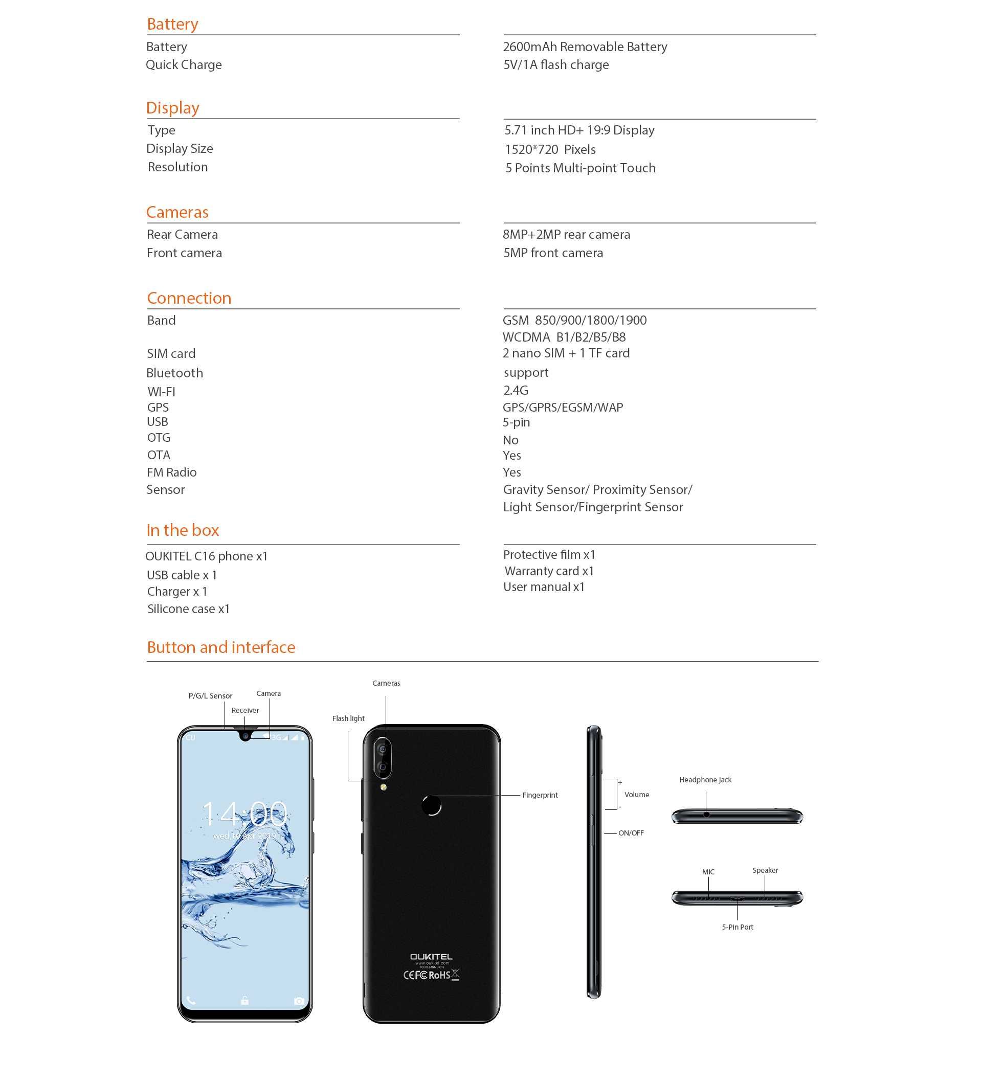OUKITEL С16 Pro, 3/32 Gb экран 5,71", камеры 8/2/5 Mp, 2600мАч + чехол