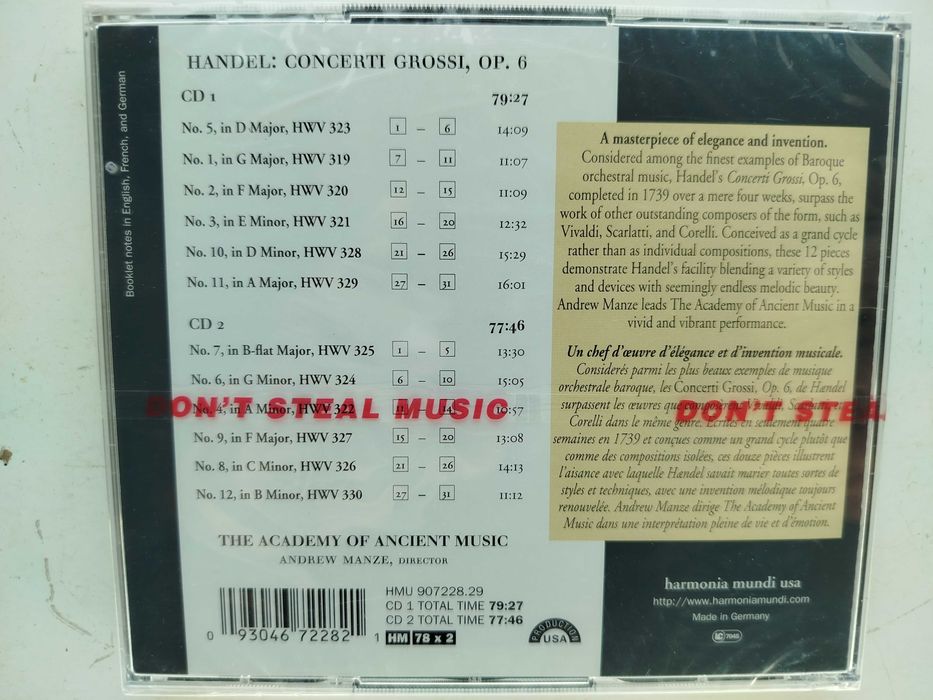 Handel Academy Of Ancient Music Andrew Manze Concerti Grossi, Op. 6