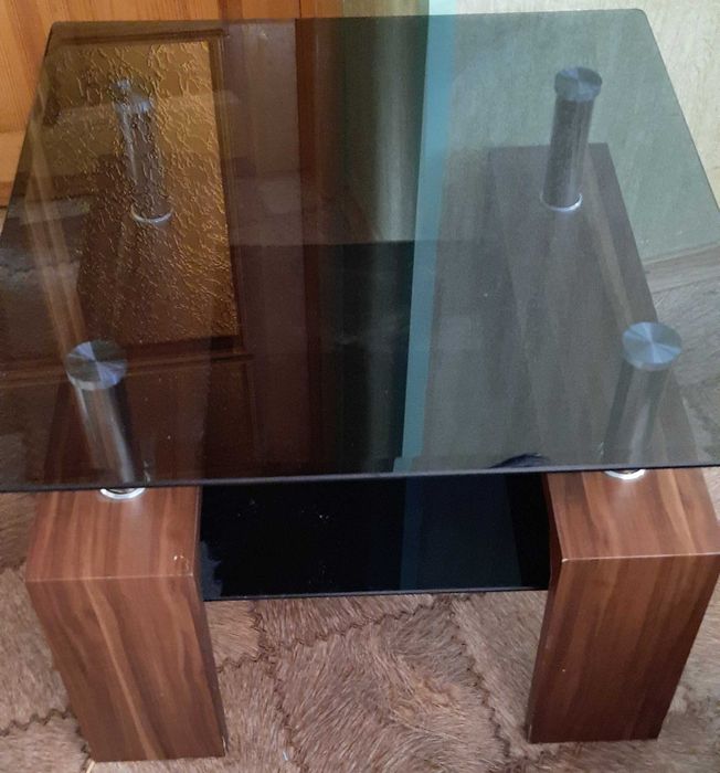 Журнальний столик скляний, 60x60 см, коричневий, хром