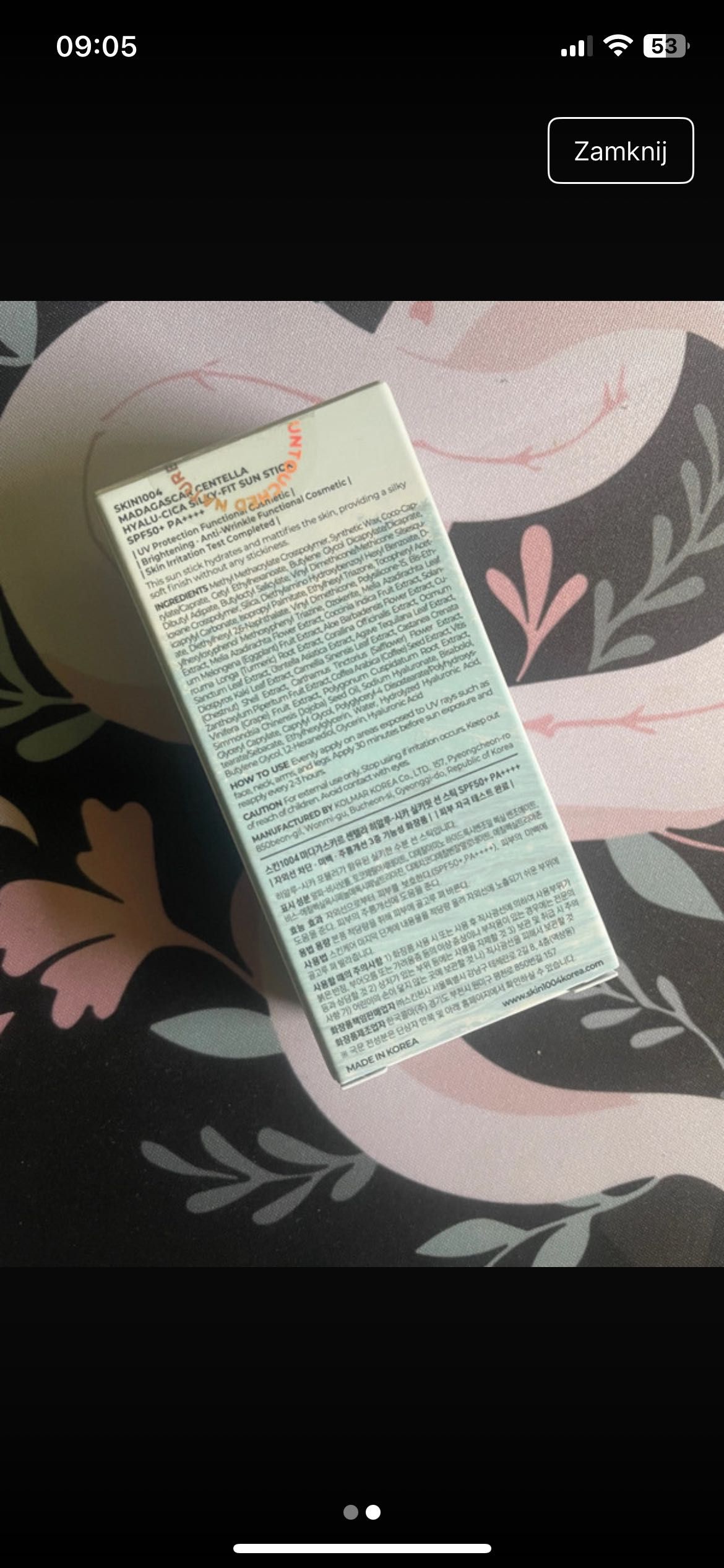 Koreańskie hyalu-cica silky-fit sun stick Madagaskar centella skin1004