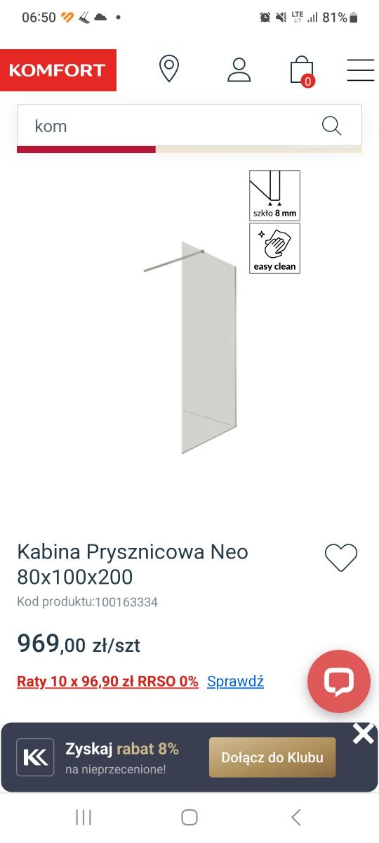 NOWA Kabina prysznicowa Neo walk in 80cm szer.x100cm głęb.x200cm wys.