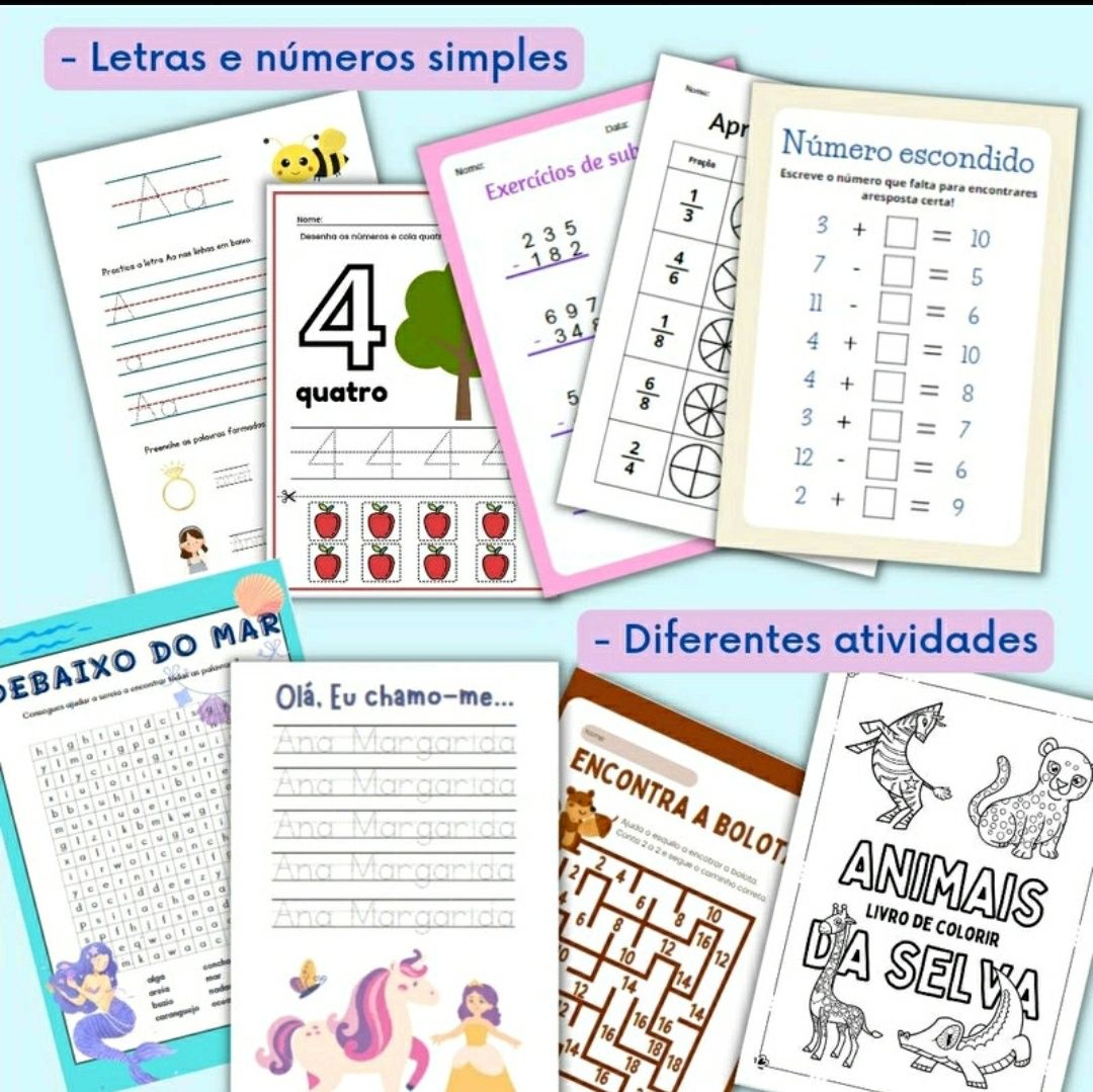 Fichas e páginas de atividades para criança escolar e pré-escolar