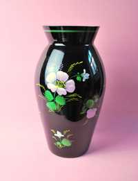 szkło hialitowe wazon ręcznie malowany kwiaty  retro vintage