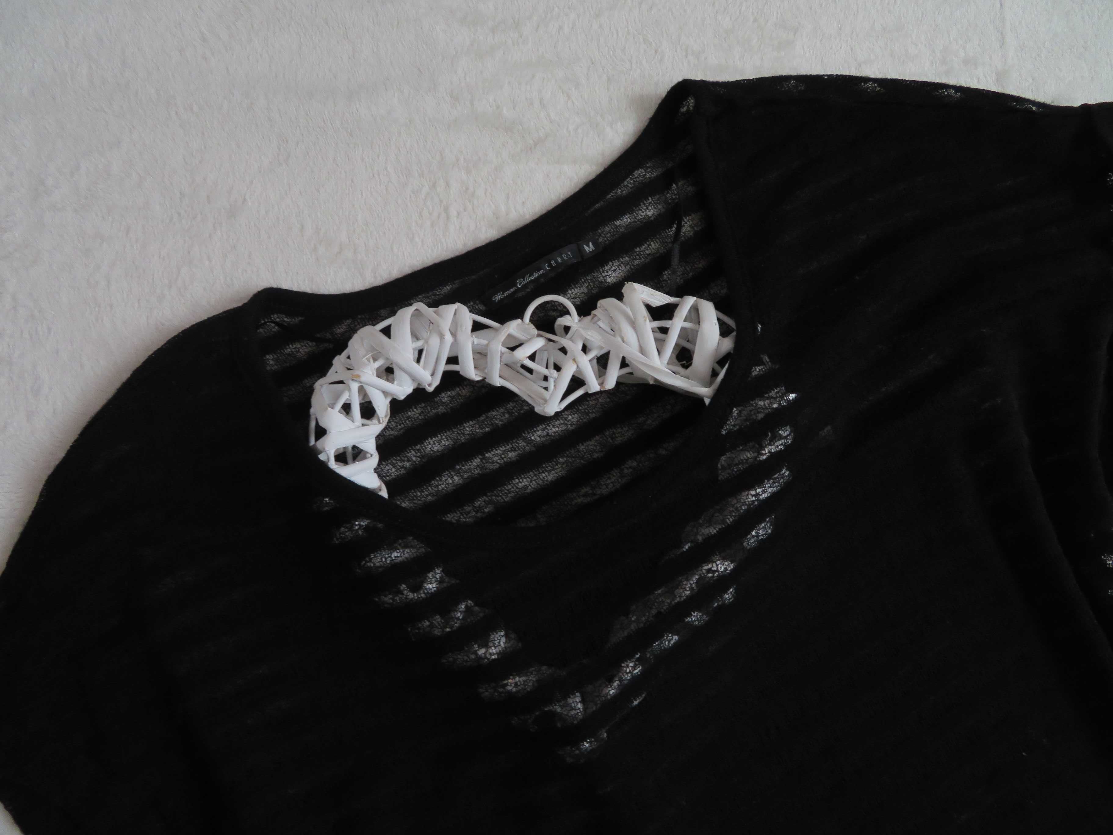 CARRY bluzka damska SIATECZKA Mgiełka paski koszulka czarna, BDB, 38 M