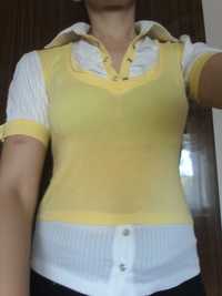 bluzka damska z kołnierzykiem żółta biała