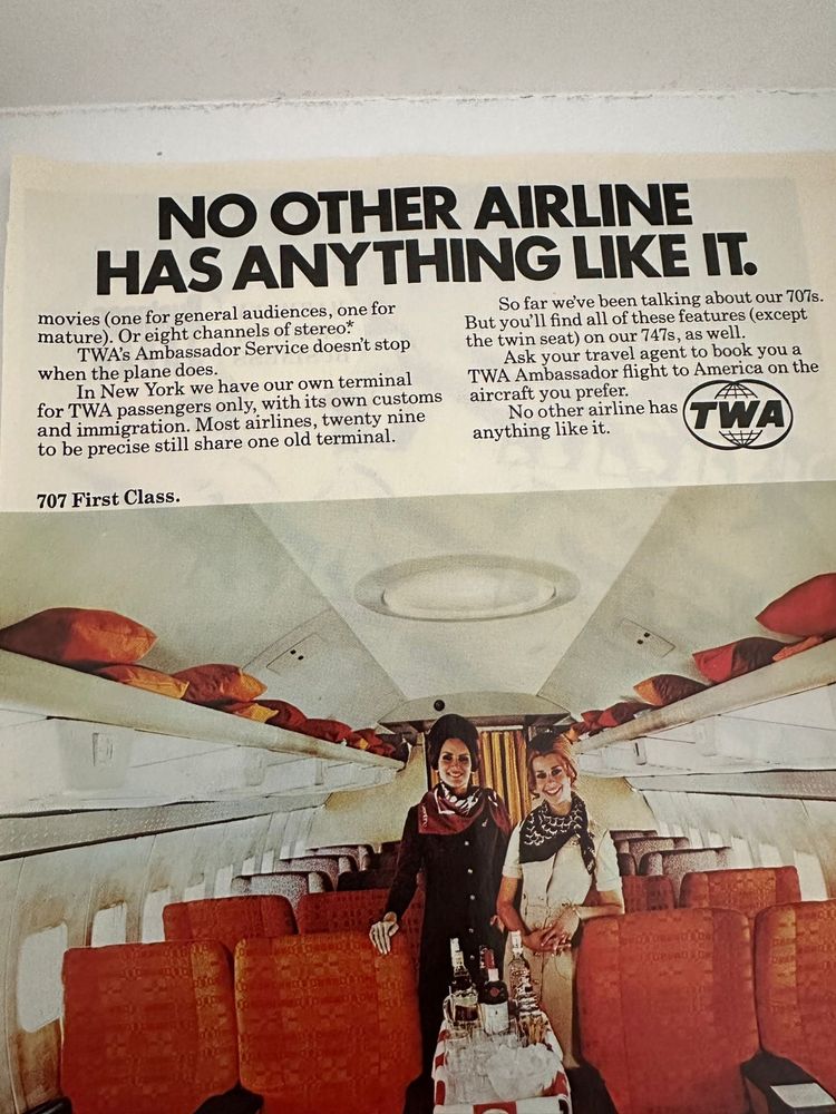 Anúncio Vintage TWA Primeira Classe - 1970s