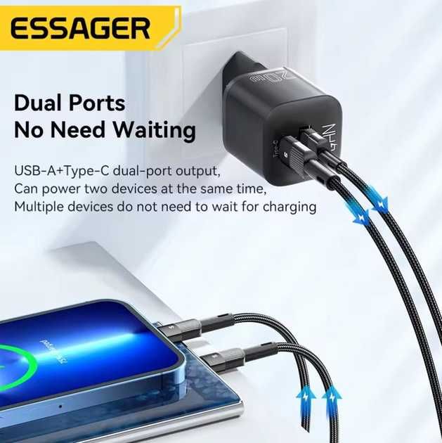 Швидка зарядка Essager 20w, 2 роз'єми Type-C + USB-A
