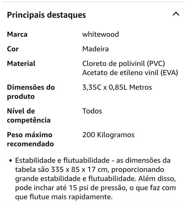 Prancha Paddle capacidade 200Kg (3,35x0,85)