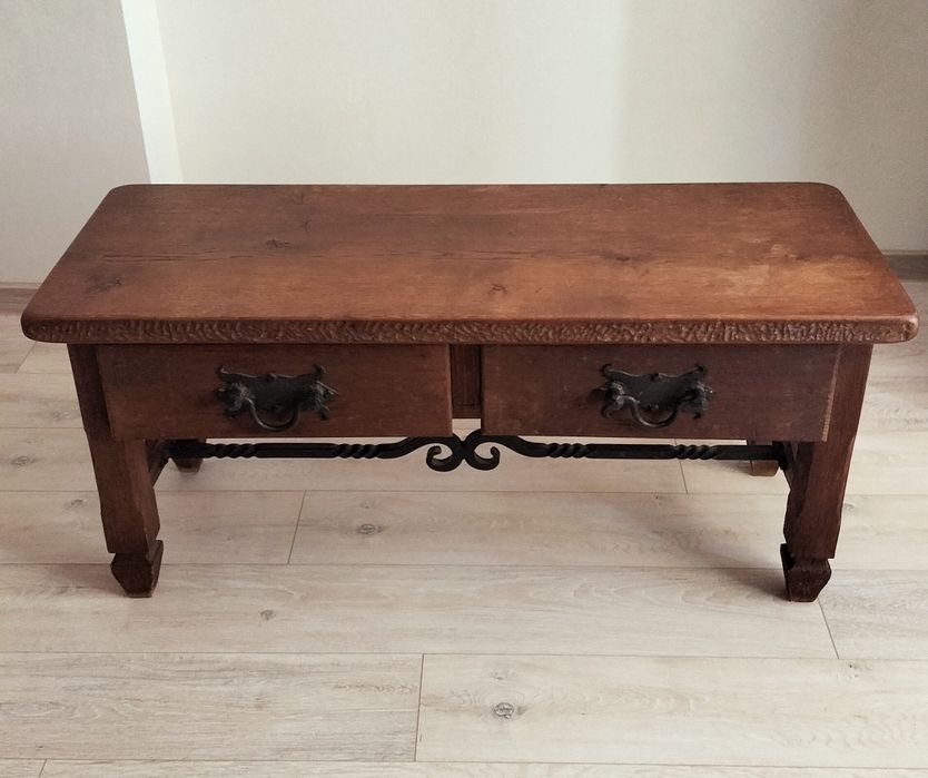 Stary stół drewniany dębowy z szufladami i kutymi elementami