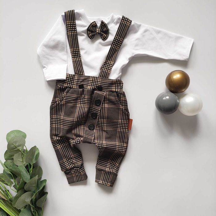 Elegancki komplet, modny beżowy GARNITUR krata brąz chrzest roczek 80