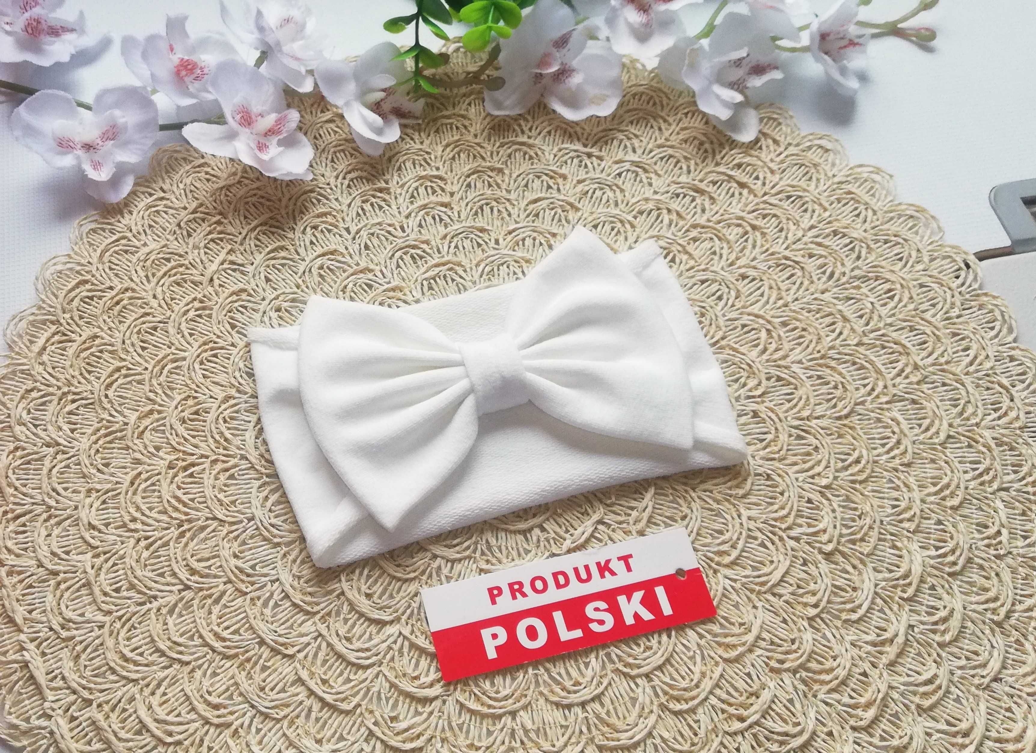 Czapka turbanowa + szeroka opaska z kokardą + chusta z falbanką- ecrue