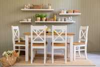 Drewniany biały komplet stół i 6 krzeseł do jadalni, zestaw rustykalny
