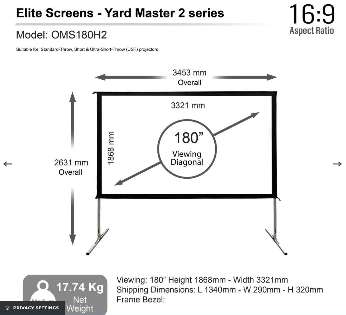 Elite Screens Ecrã para projetor Yard Master II