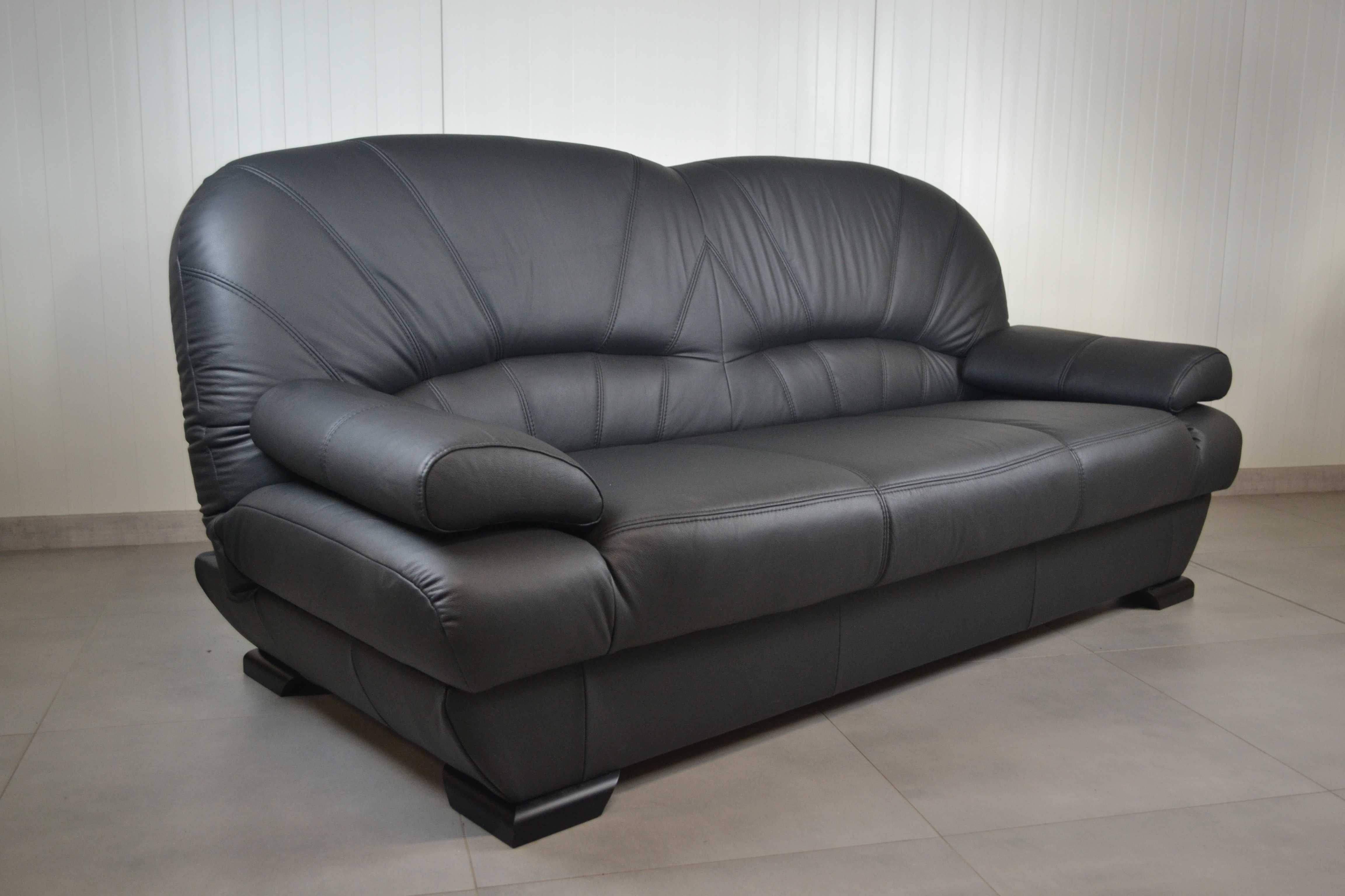 Kanapa wersalka sofa + dwa fotele, naturalna skóra