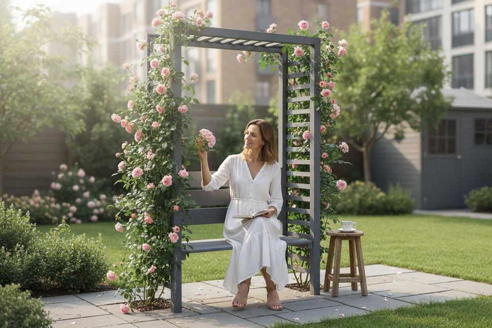 Drewniana Pergoła w kolorze szarym o wymiarach 132x48x200cm.