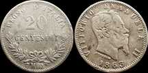 Moeda de 20 Centesimos - 1863 - Itália - Victor Emmanuel II (Prata)