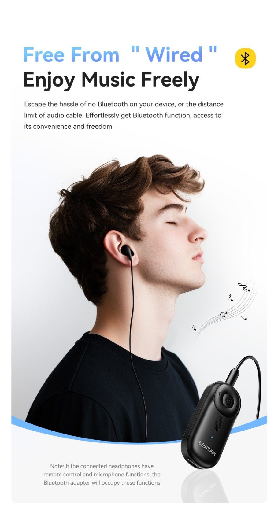 Essager Bluetooth 5,3 адаптер AUX 3,5. аудио приемник, микрофон, АКБ