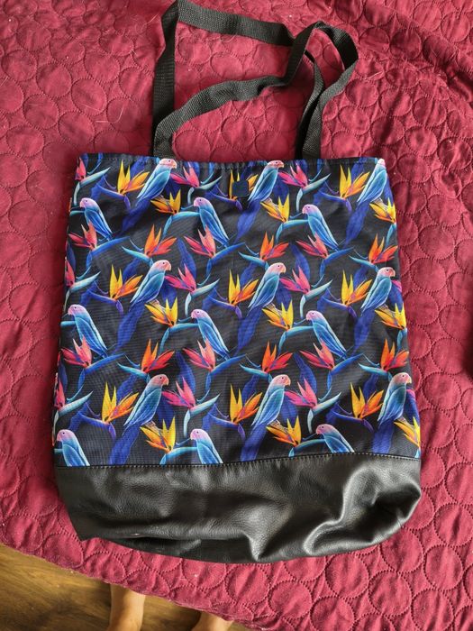 Piękna torba handmade papugi ptaki liście a4 na ramię shopper