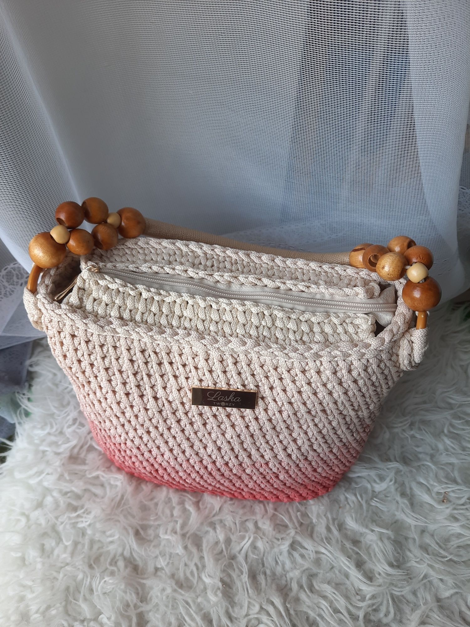 Pojemna torebka na szydełku handmade ombre koral jasny róż krem skóra
