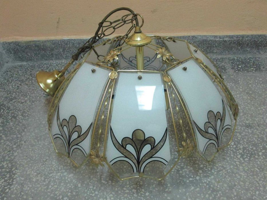 Vintage żyrandol ozdobny, lampa sufitowa złota + szkło zdobione