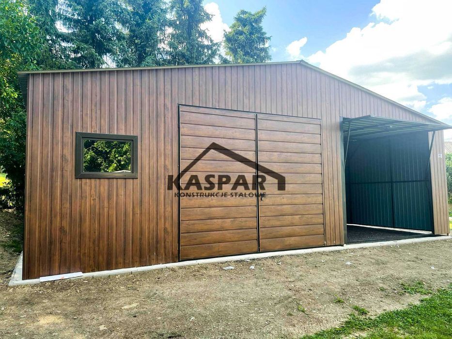 Garaż blaszany 9x6 2x Brama okno drewnopodobny dwuspadowy GP139