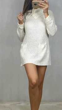 Kremowy sweter z golfem M, damski długi sweterek