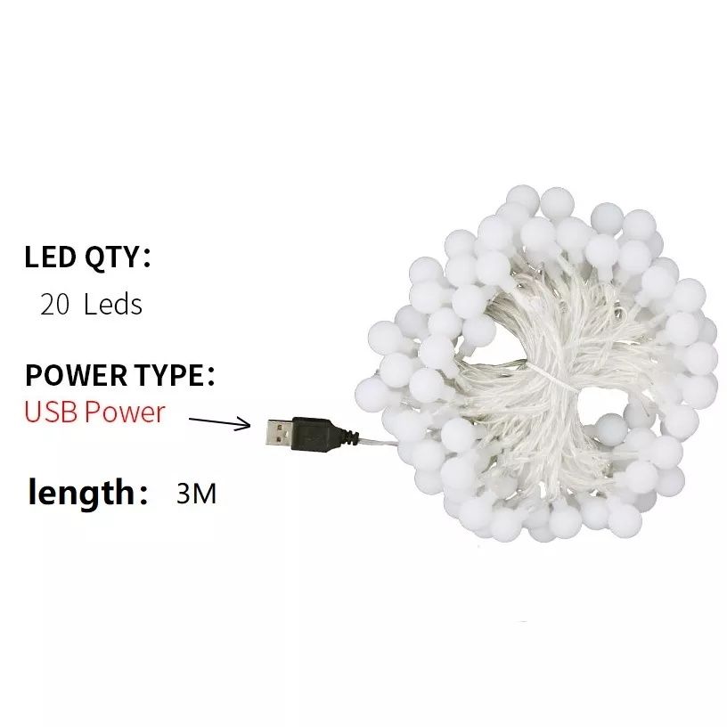 LED декоративна світлодіодна гірлянда кульки 20 білих світлодіодів 3 м