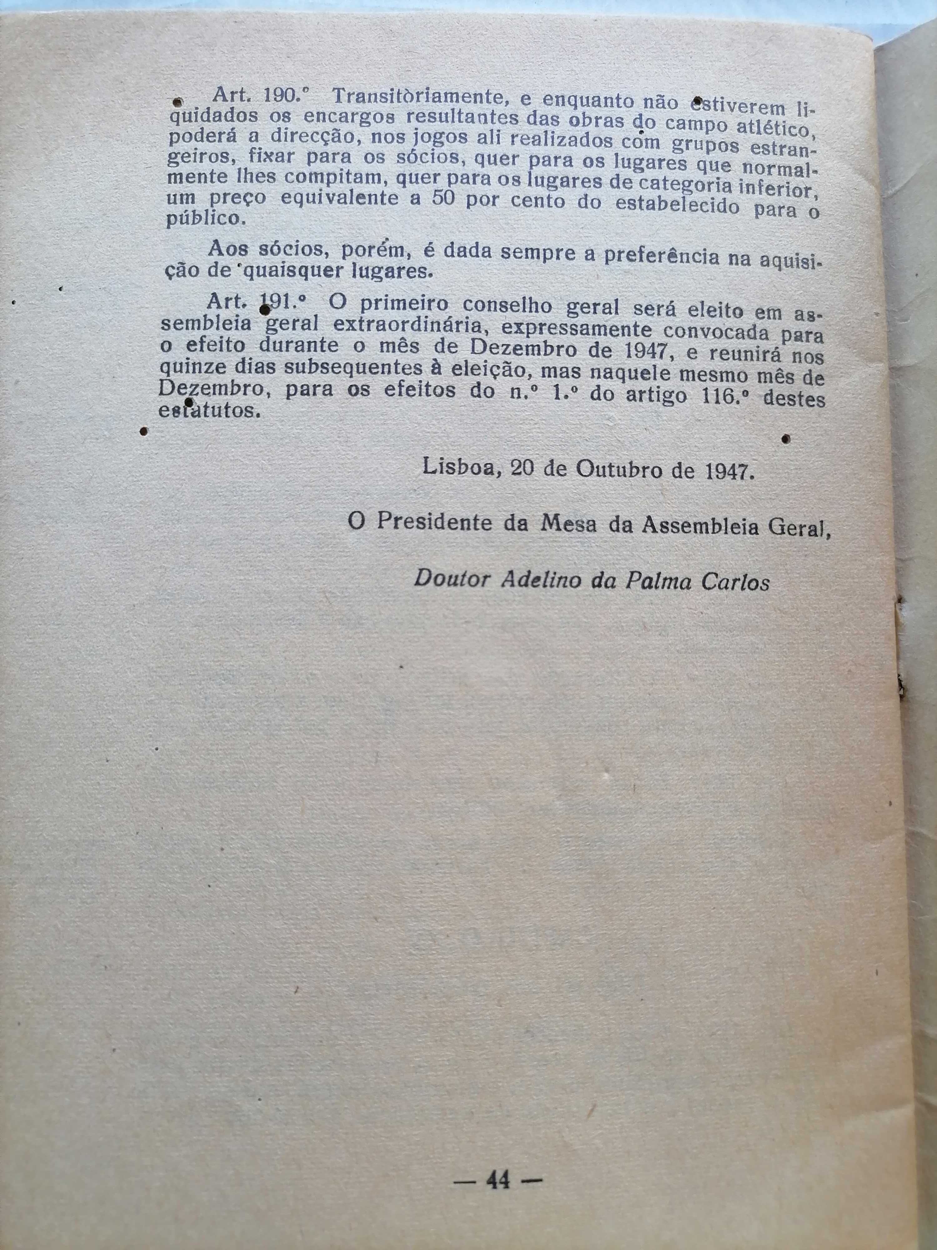 SPORTING Estatutos 1947 Presidente Mesa DR. ADELINO DA PALMA  CARLOS