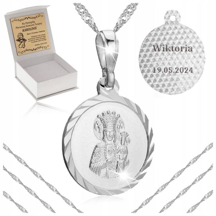 Srebrny Łańcuszek Singapur + Medalik 925 Matka Boska Częstochowska + G
