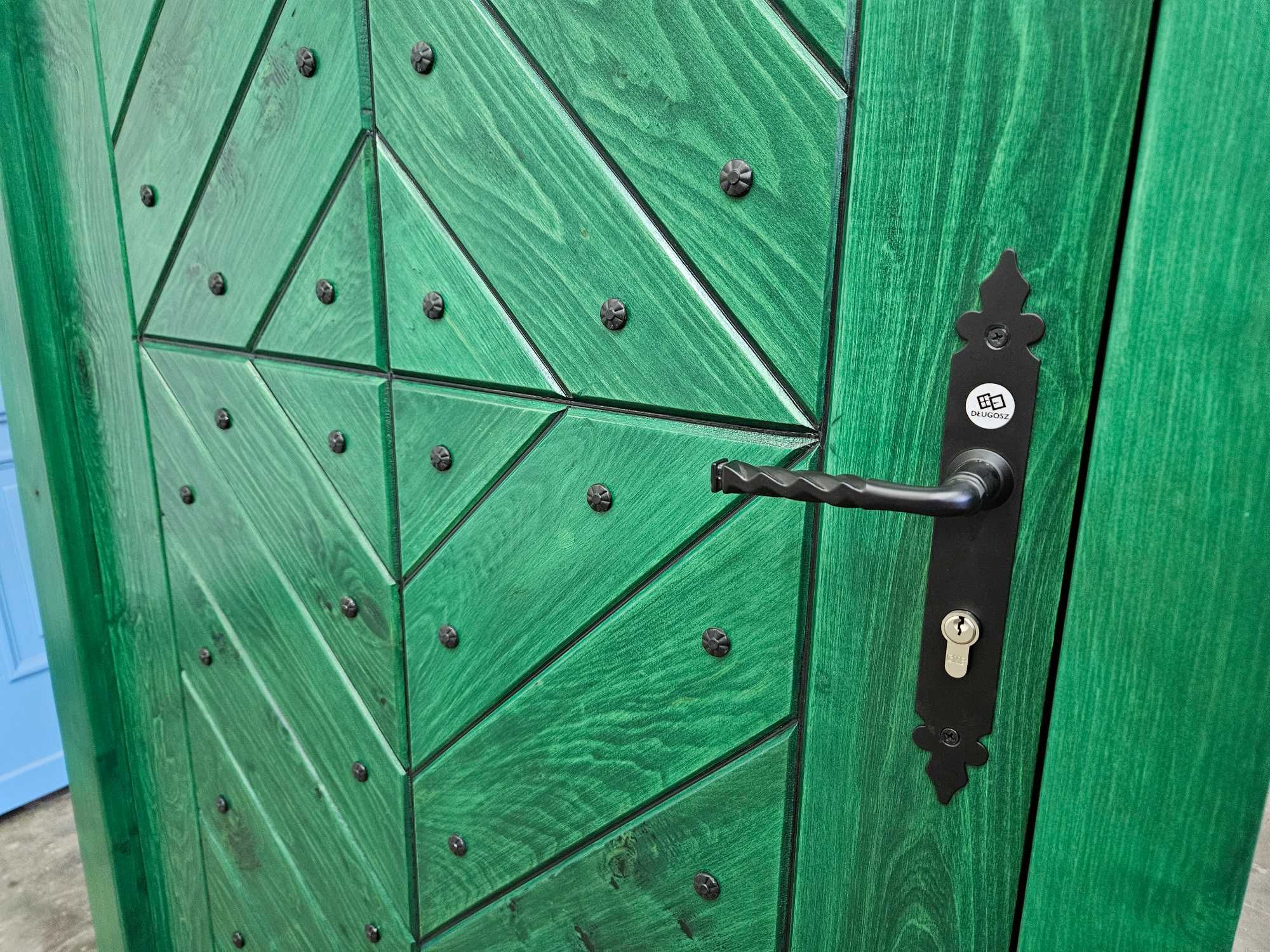 Drzwi wejściowe zewnętrze drewniane vintage retro zielone 6005 GOTOWE