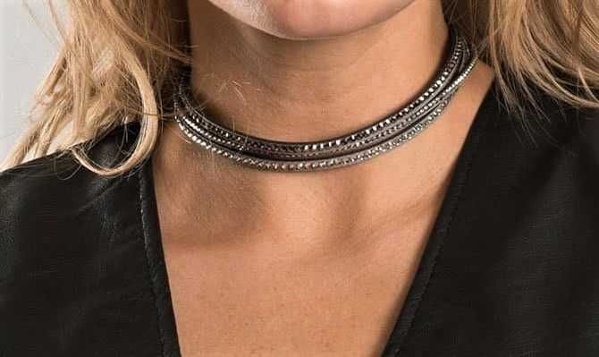 Choker/Pulseira em Camurça Cinzenta com Cristais  tipo Swarovski