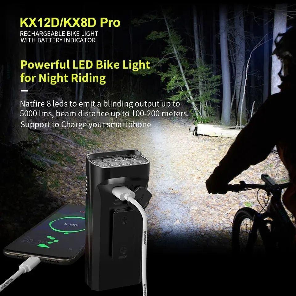 Фонарь велосипедный KX12D Pro 12 LED 10000mah USB Type C PowerBank