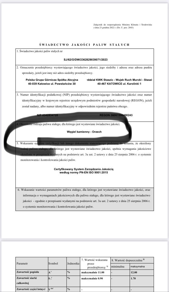 Węgiel Orzech polski , Kopalnia Wujek Katowice , certyfikat jakości