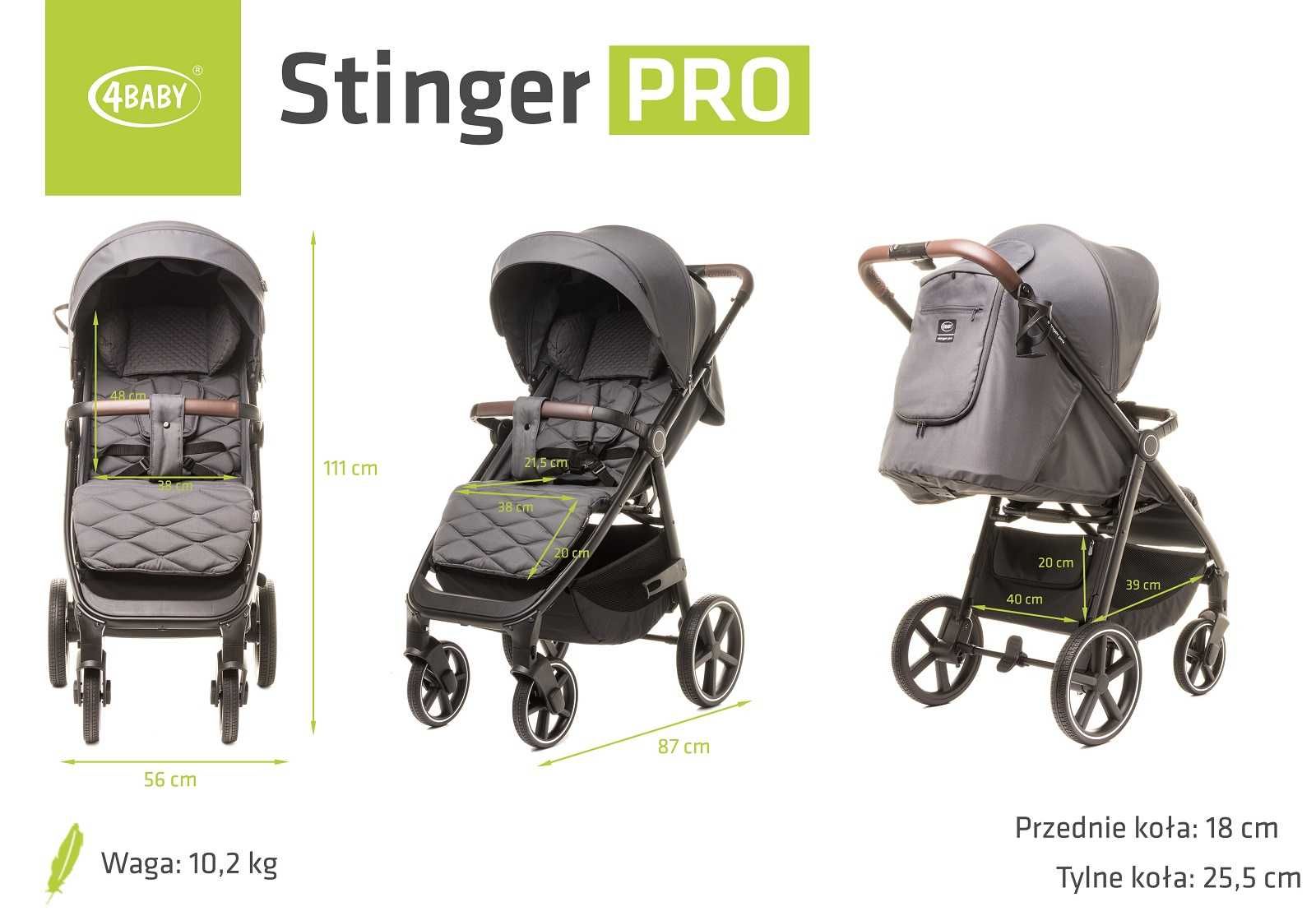 Wózek Spacerowy 4Baby Stinger Pro DUŻE KOŁA Do 22Kg Lekka Spacerówka