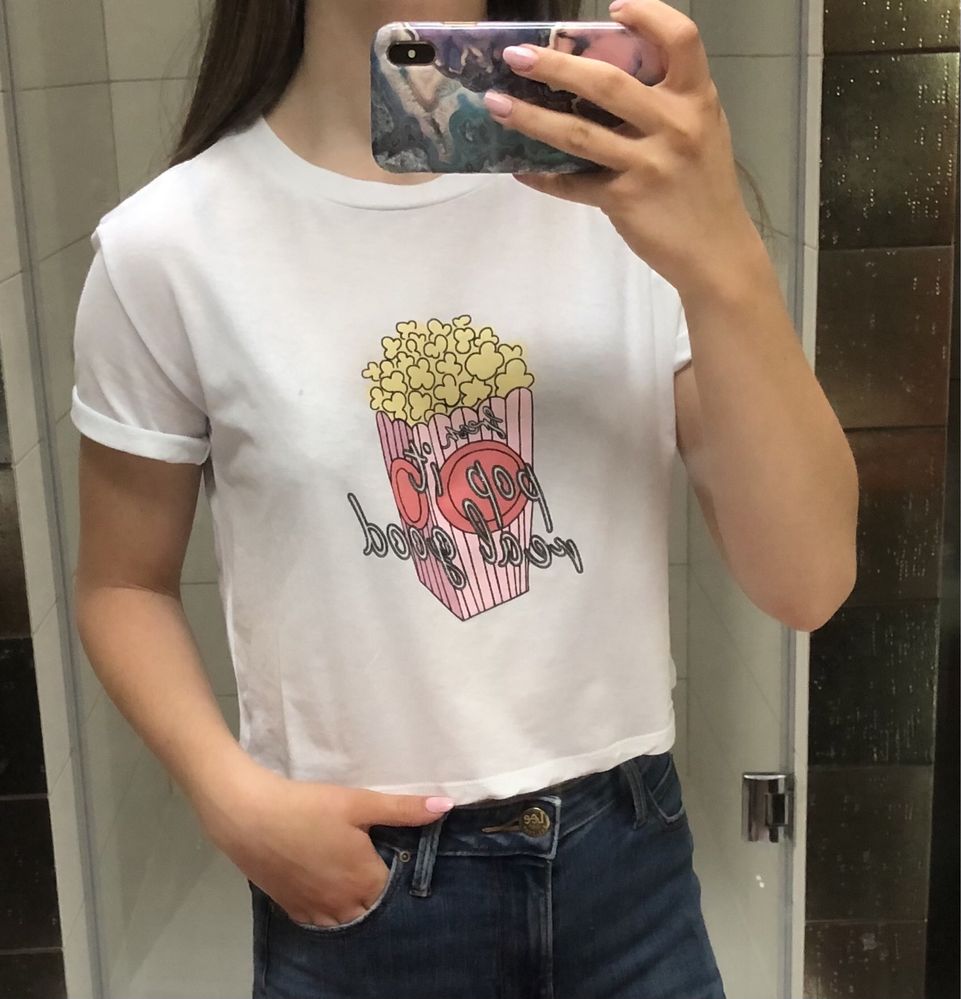 Biała koszulka z nadrukiem H&M rozmiar XS