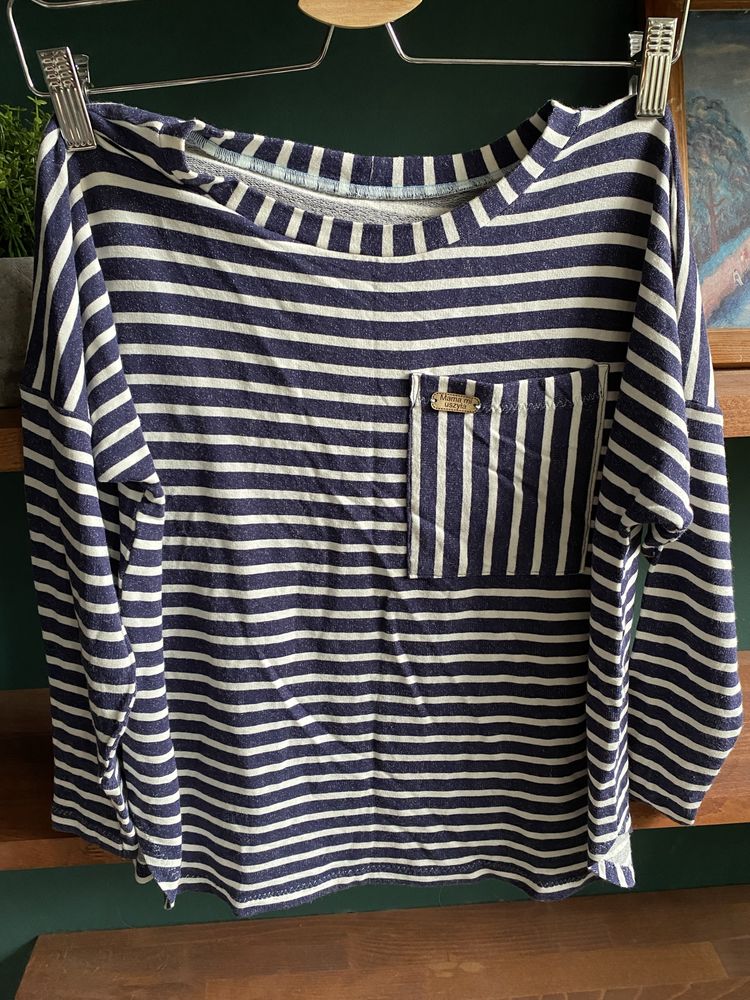 Sweter w paski niebiesko biały handmade S