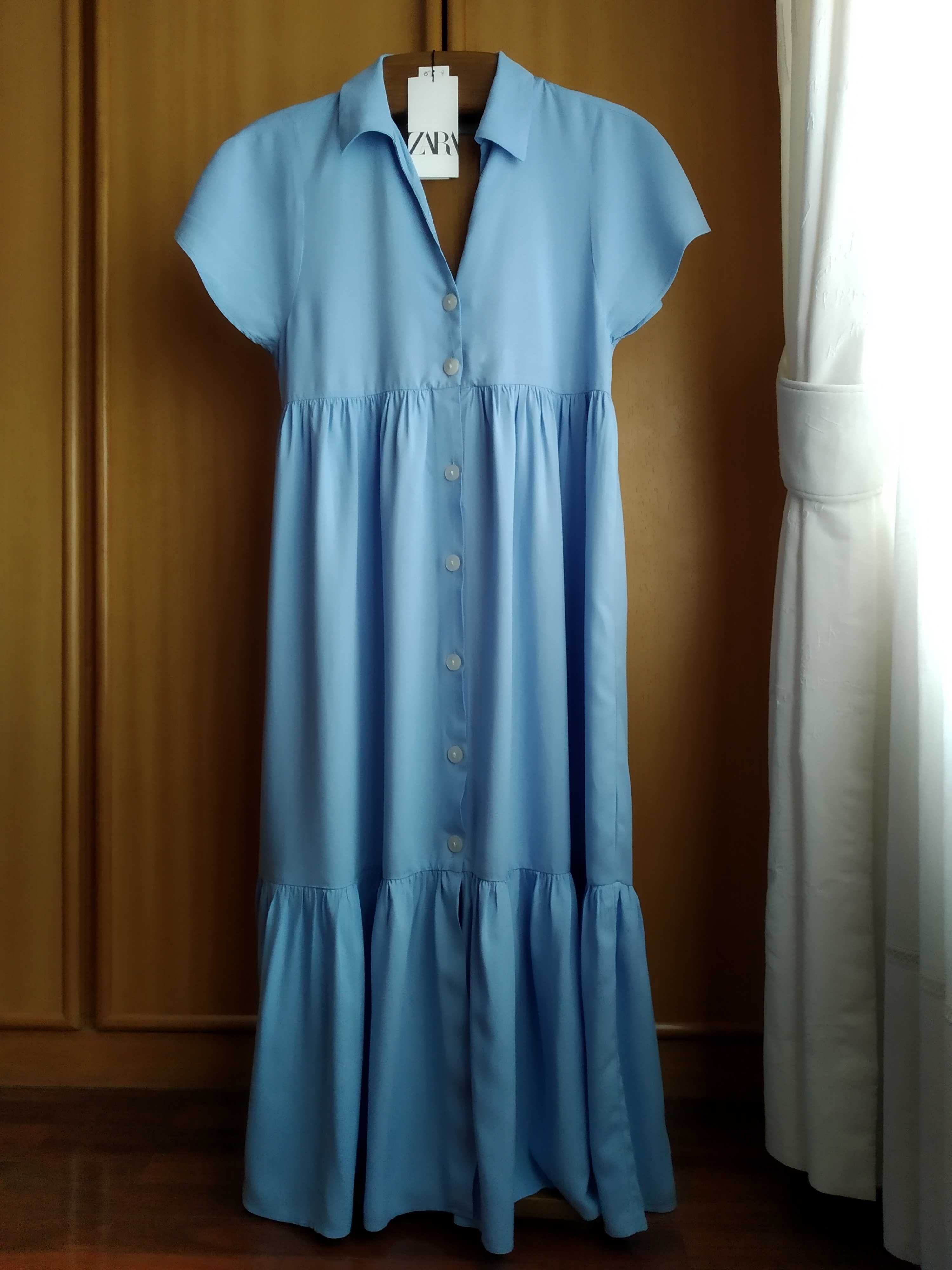 (NOVO C/ ETIQUETA, PORTES GRÁTIS) ZARA: Vestido Comprido Azul Abotoado